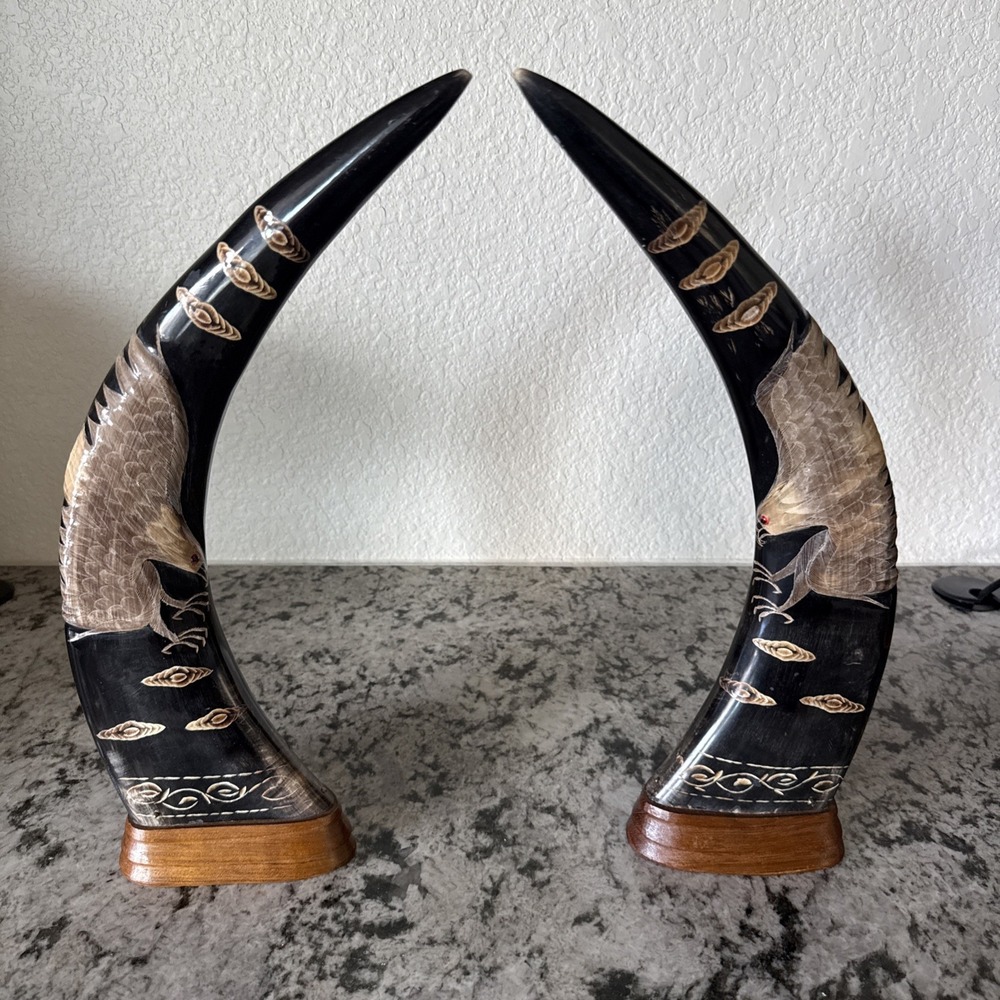 Vintage Carved Water Buffalo Horn Pair Eagle 16" Tall w/ Wood Base